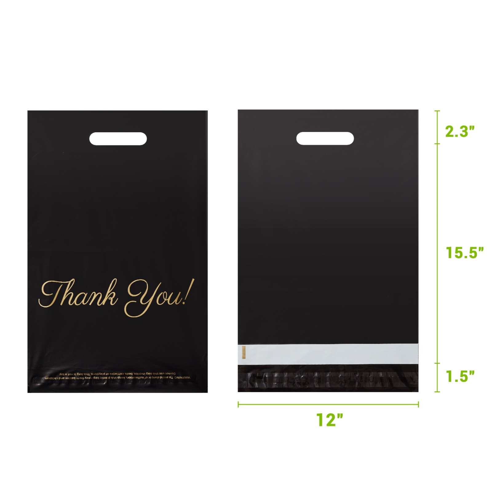 50-150 12×15.5 in Black Poly Mailers with Handle Thank You Shopping Bags