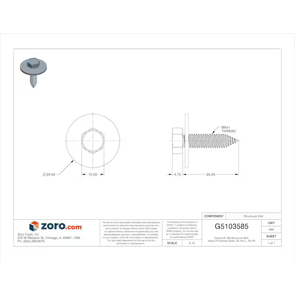 Manufacturer Varies Class 9.8, M6 Structural Bolt, Black Phosphate Steel, 25 mm