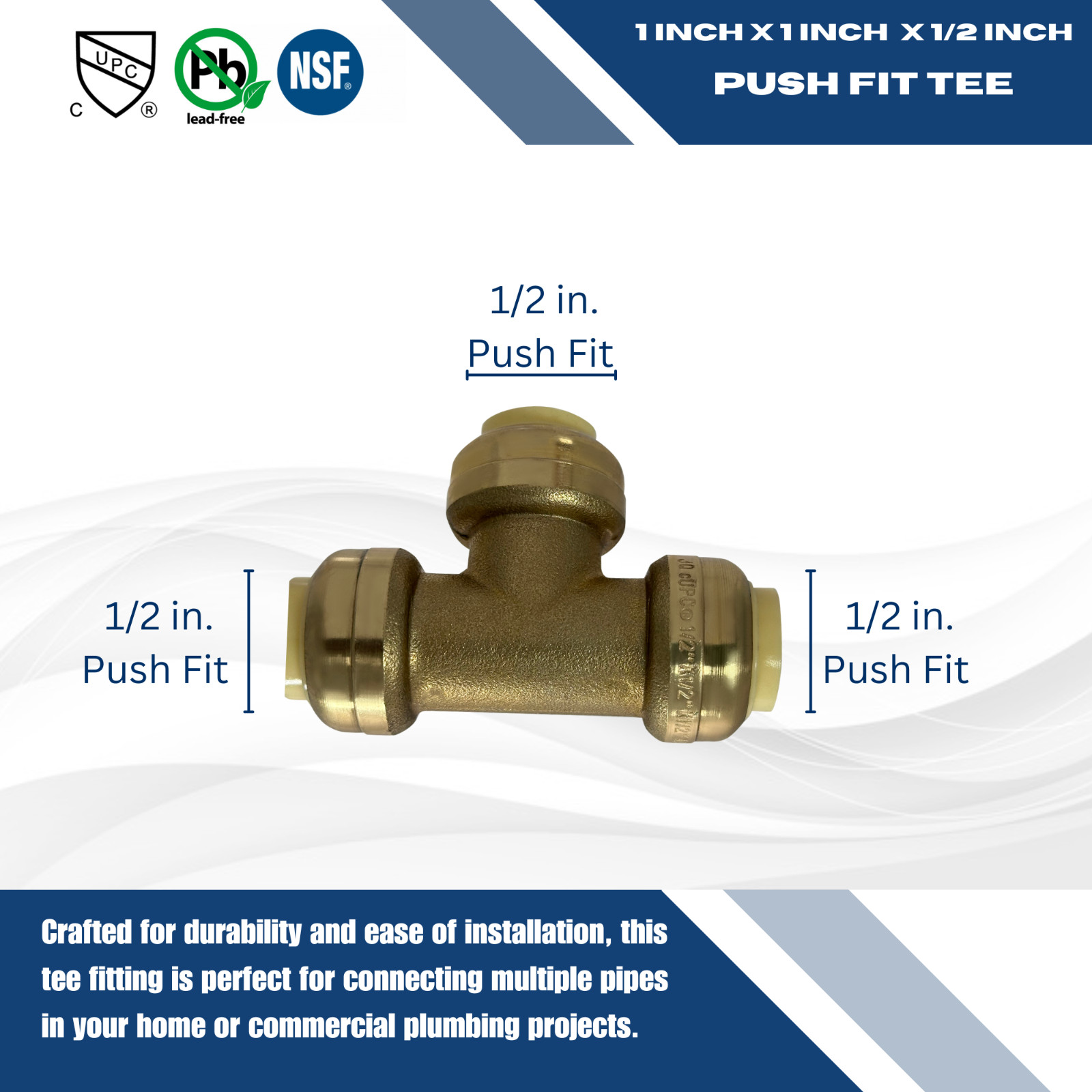 PUSH FIT TEES 1/2″ X 1/2″ X 1/2″ (10 PIECES) – LEAD FREE BRASS