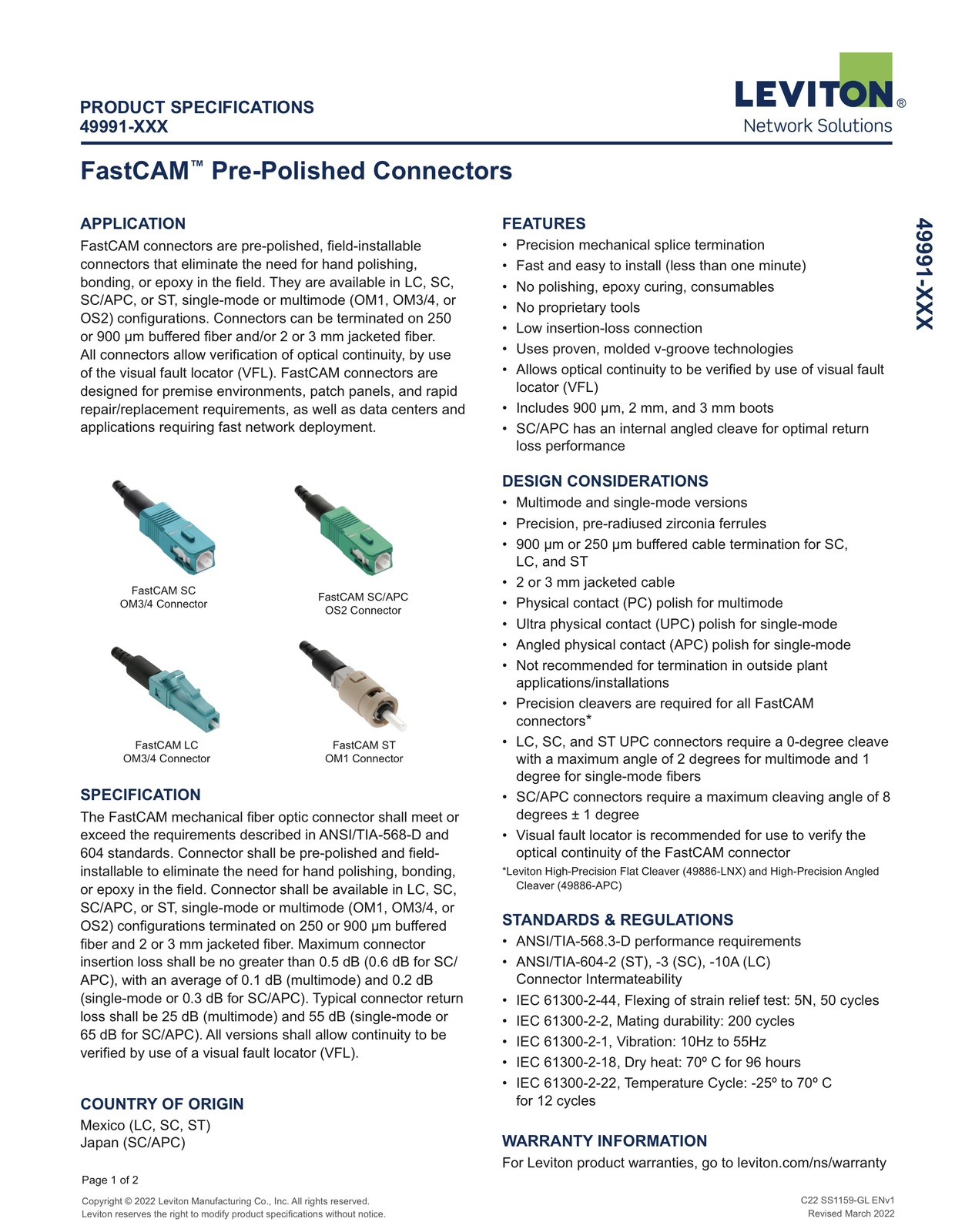 Leviton 49991-LLC FASTCAM Pre-Polished OM3/4 LC Fiber Connector
