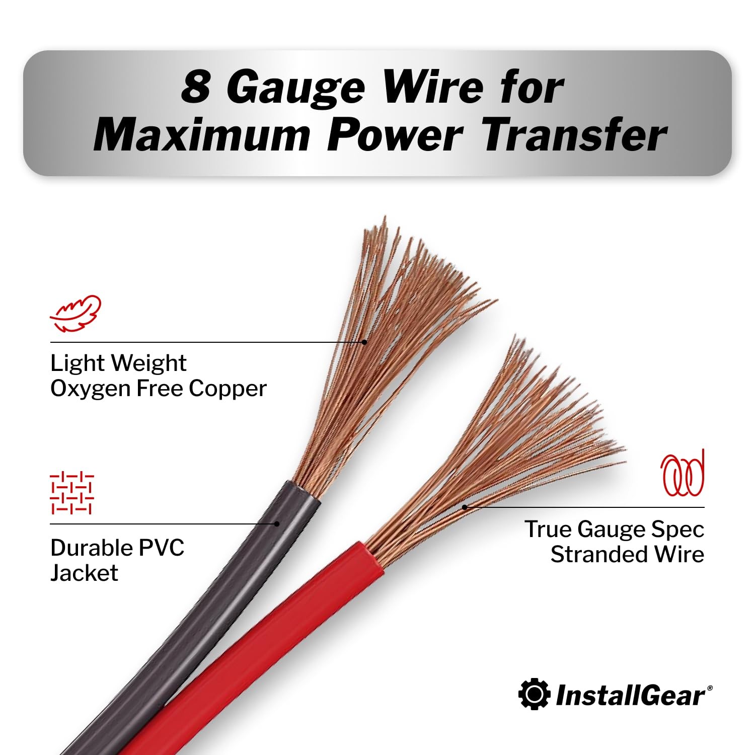 InstallGear 8 Gauge Power or Ground Wire – 99% OFC 8 Gauge, Red/Black (50ft)