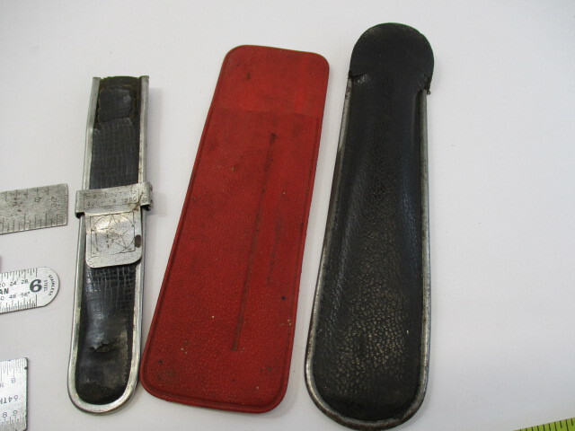 (3) 6″ Scales (1) 3″ Cut Down Ruler (3) Old Scale Sleeve Holders for Rulers VGC