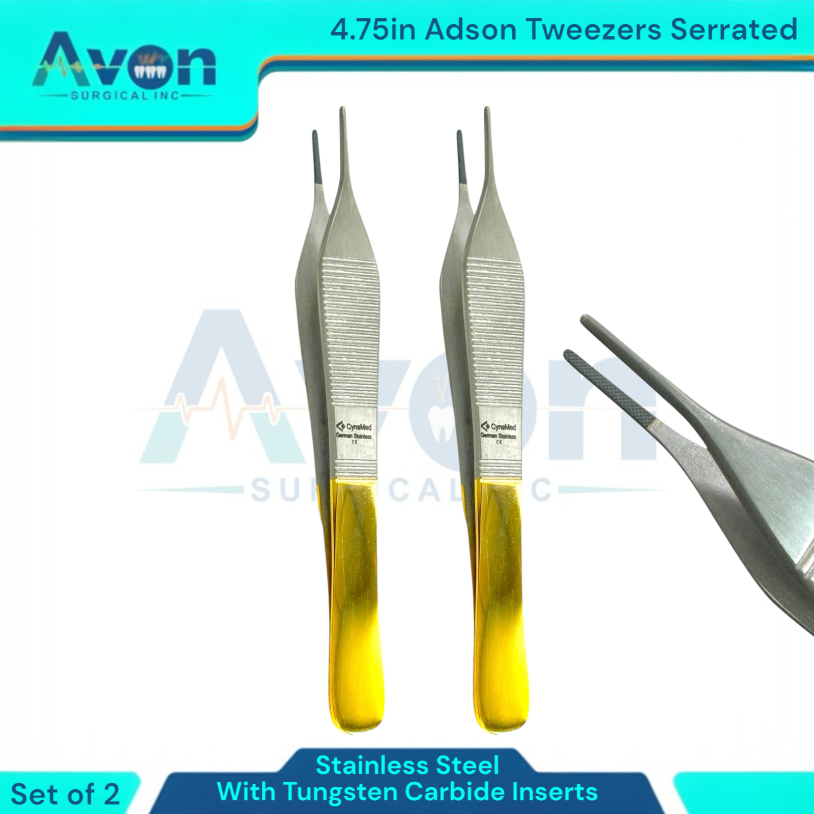 Premium Adson Thumb Serrated Tweezer Forceps, 4.75″, TC Insert Jaw – Gold Handle