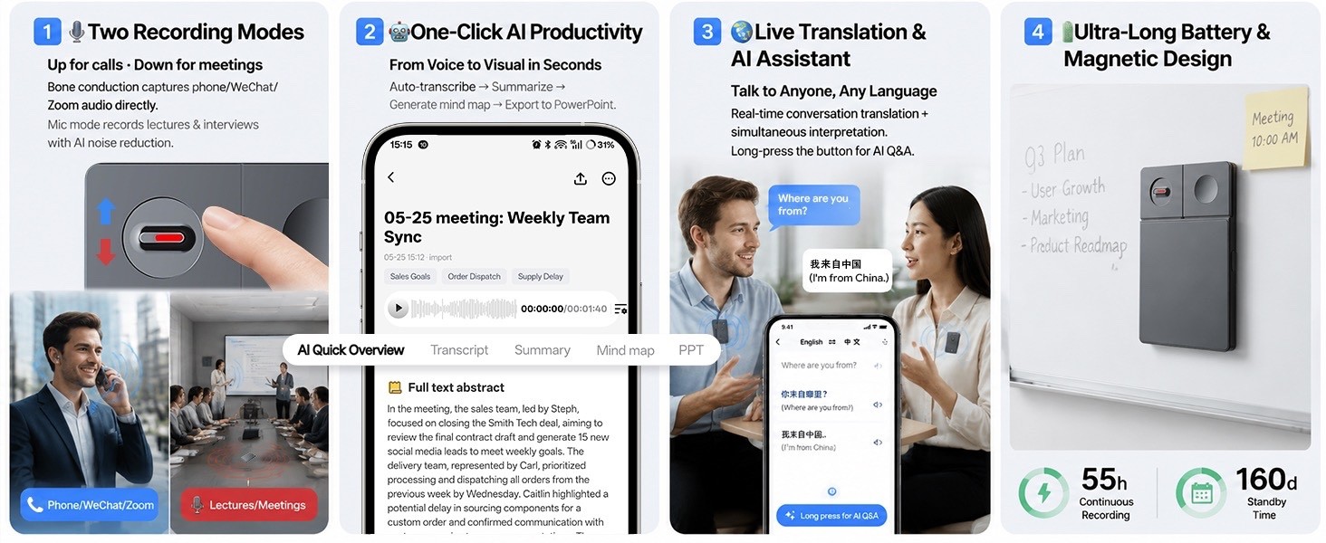64GB AI GPT Voice Recorder – 4-in-1, Auto Transcription, 126 Languages