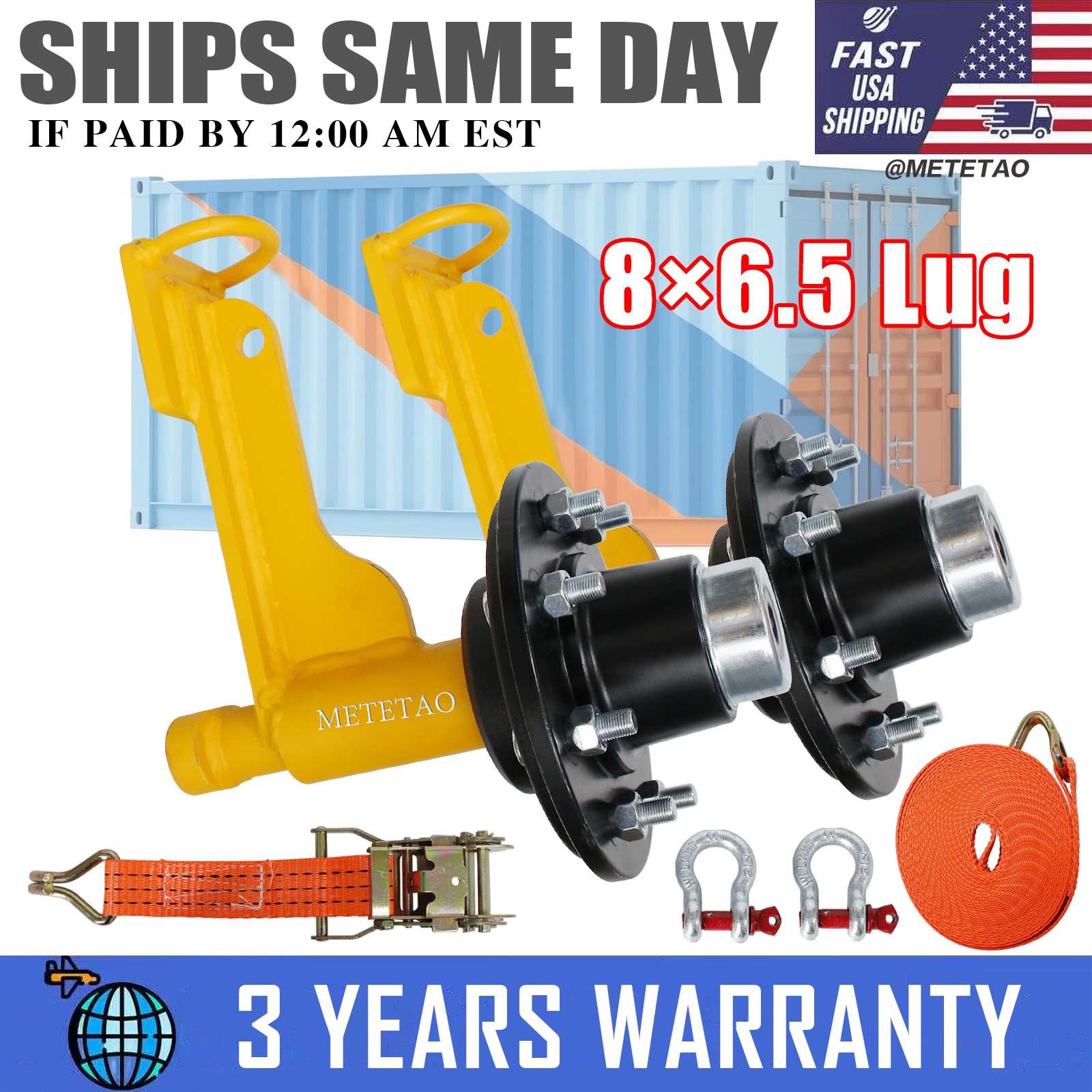2Pack Shipping Container Wheels 8×6.5 Lug Wheels Kit with Ratchet Strap US
