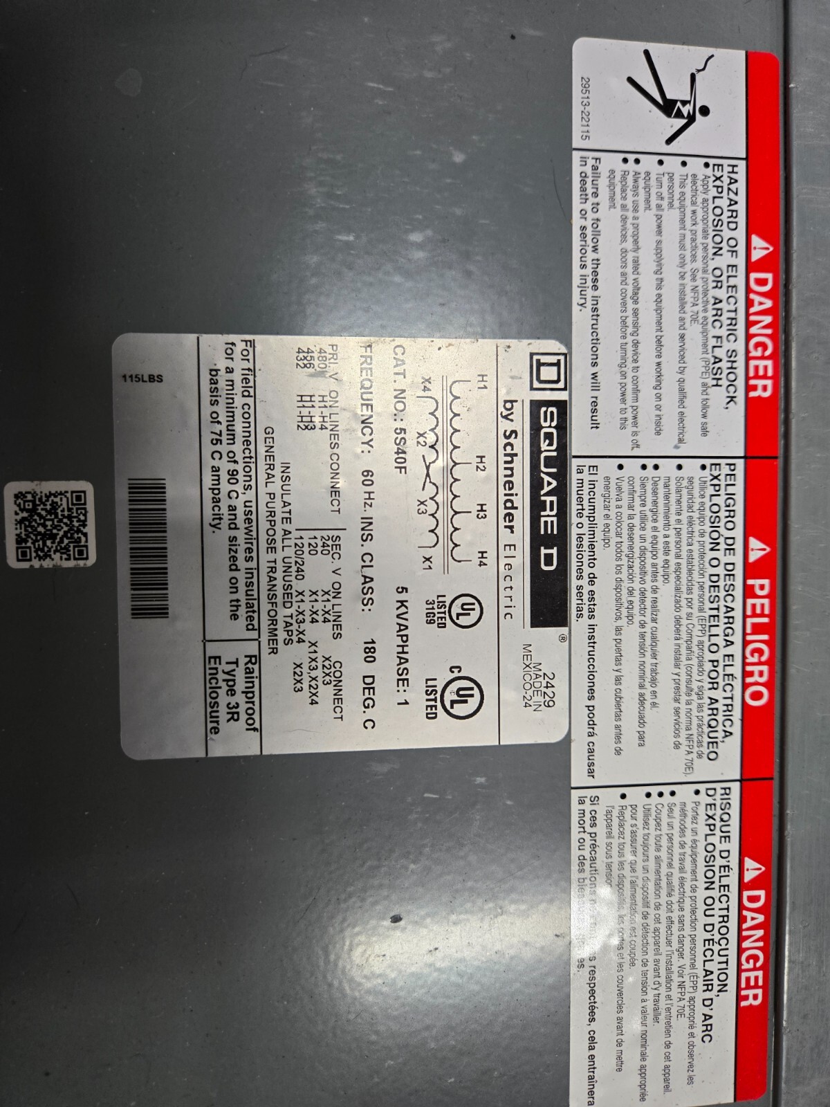 2CN47, SQUARE D Dry Type Transformer: 480V AC, 120V AC/240V AC, old stock