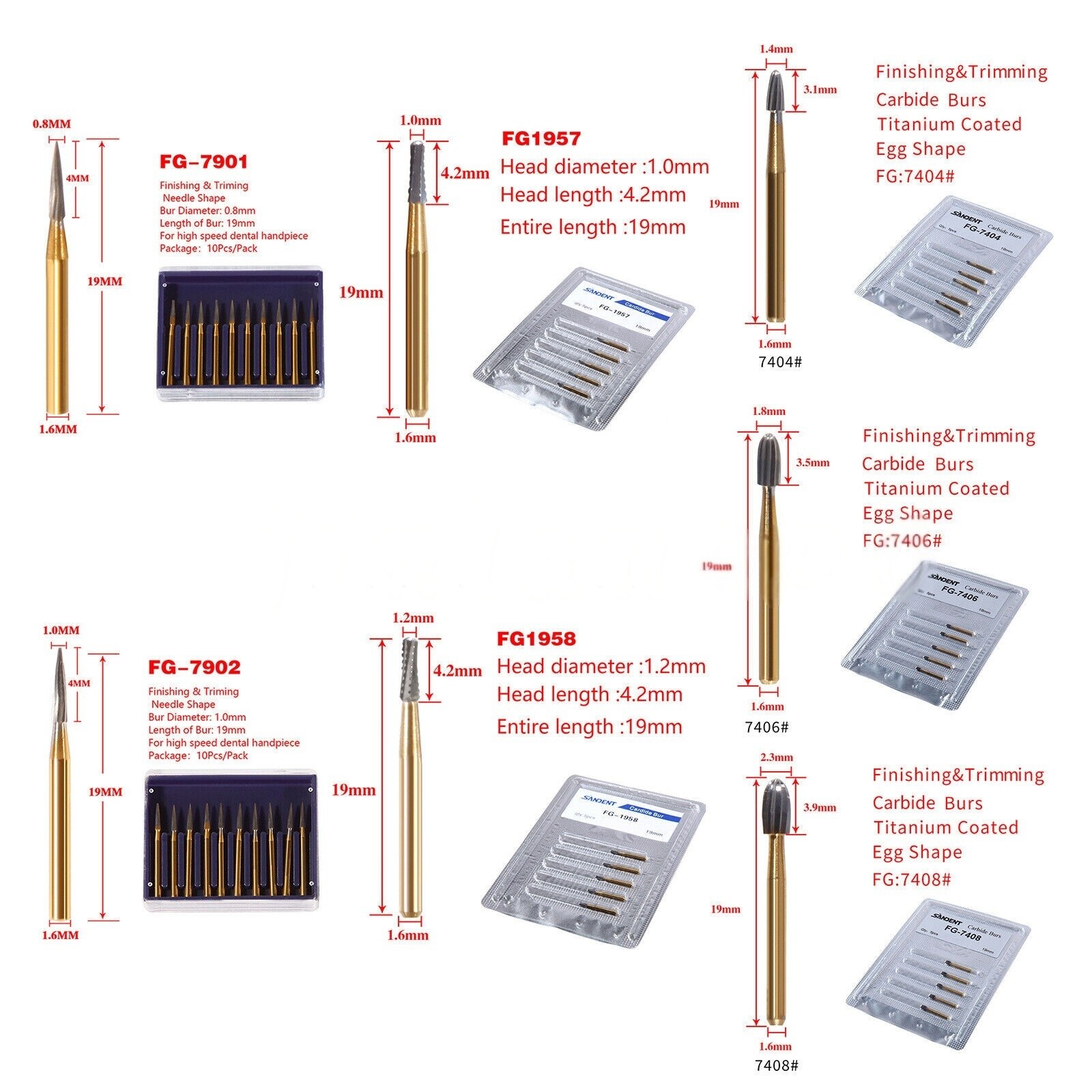 Dental Carbide Tungsten Trimming Finishing Drills Burs Egg Football Round