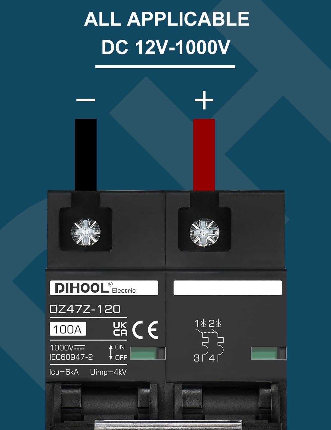 DIHOOL DC Circuit Breaker 100 Amp Solar Disconnect Switch 2p 1000V for PV, UPS,