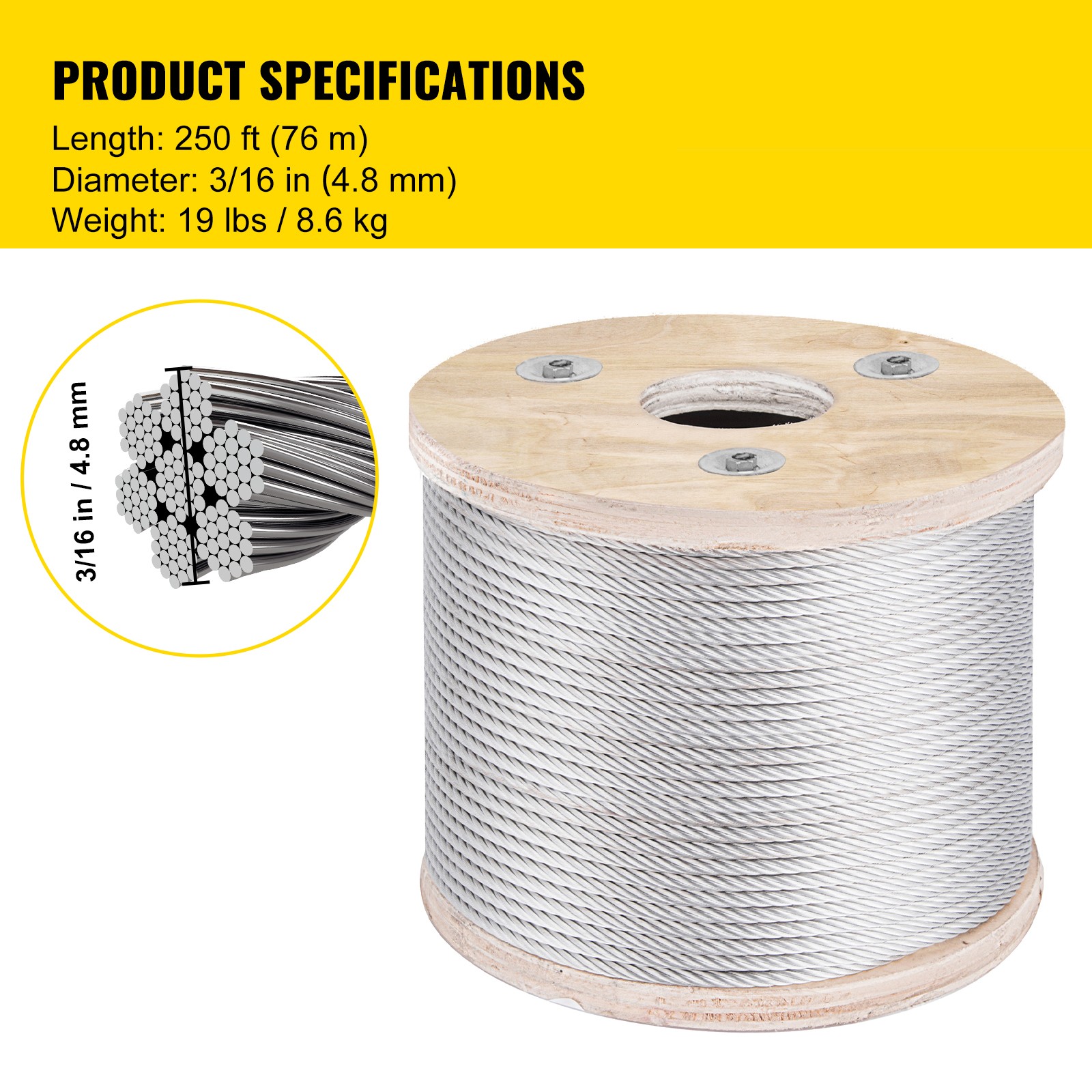 VEVOR T304 3/16″ Stainless Steel Cable Wire Rope 7×19 250FT Railing Kit