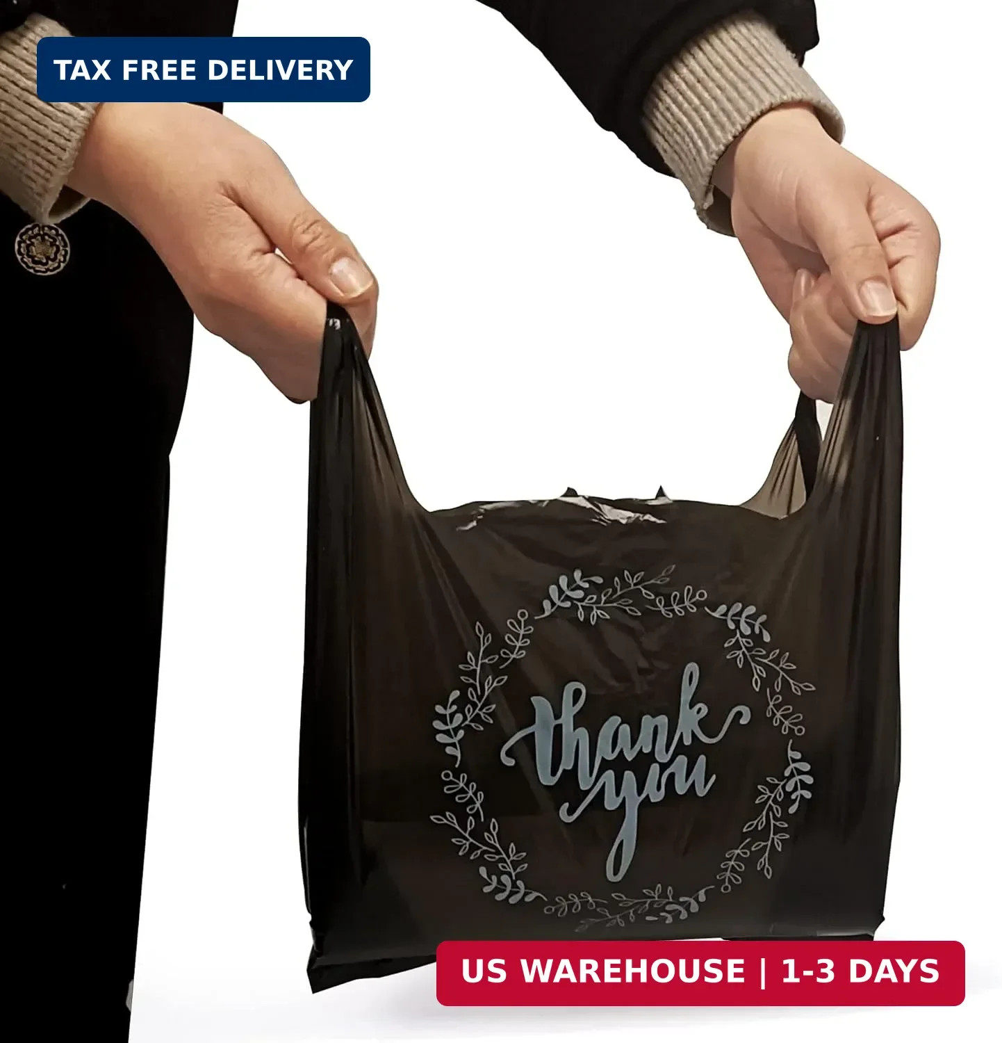 TOSPARTY 100PCS Black Thank You T-Shirt Bags Plastic Bulk Shopping Restaurant Ba