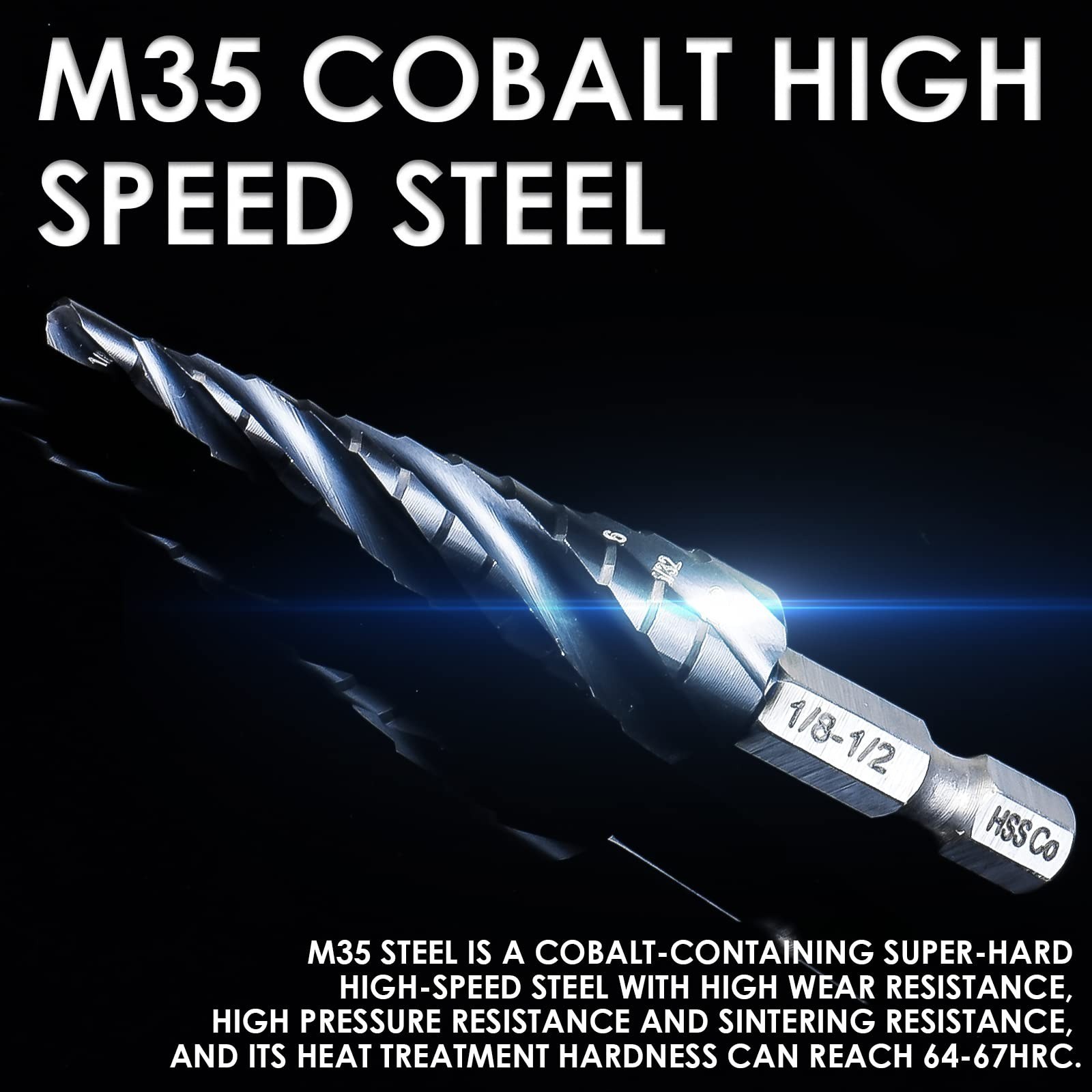 M35 Cobalt Step Drill Bit 1/8-1/2 TiAlN 1/4 Hex 4 Flute