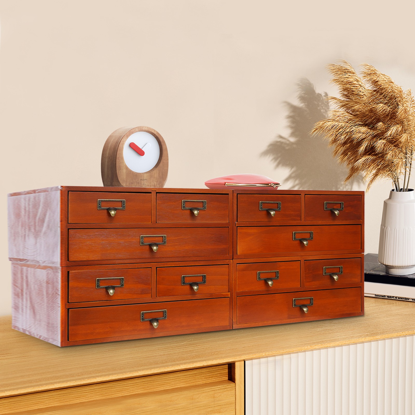4 Pack 3 Drawer Wooden Desktop Organizer Drawer Storage Box For Tabletop- Brown