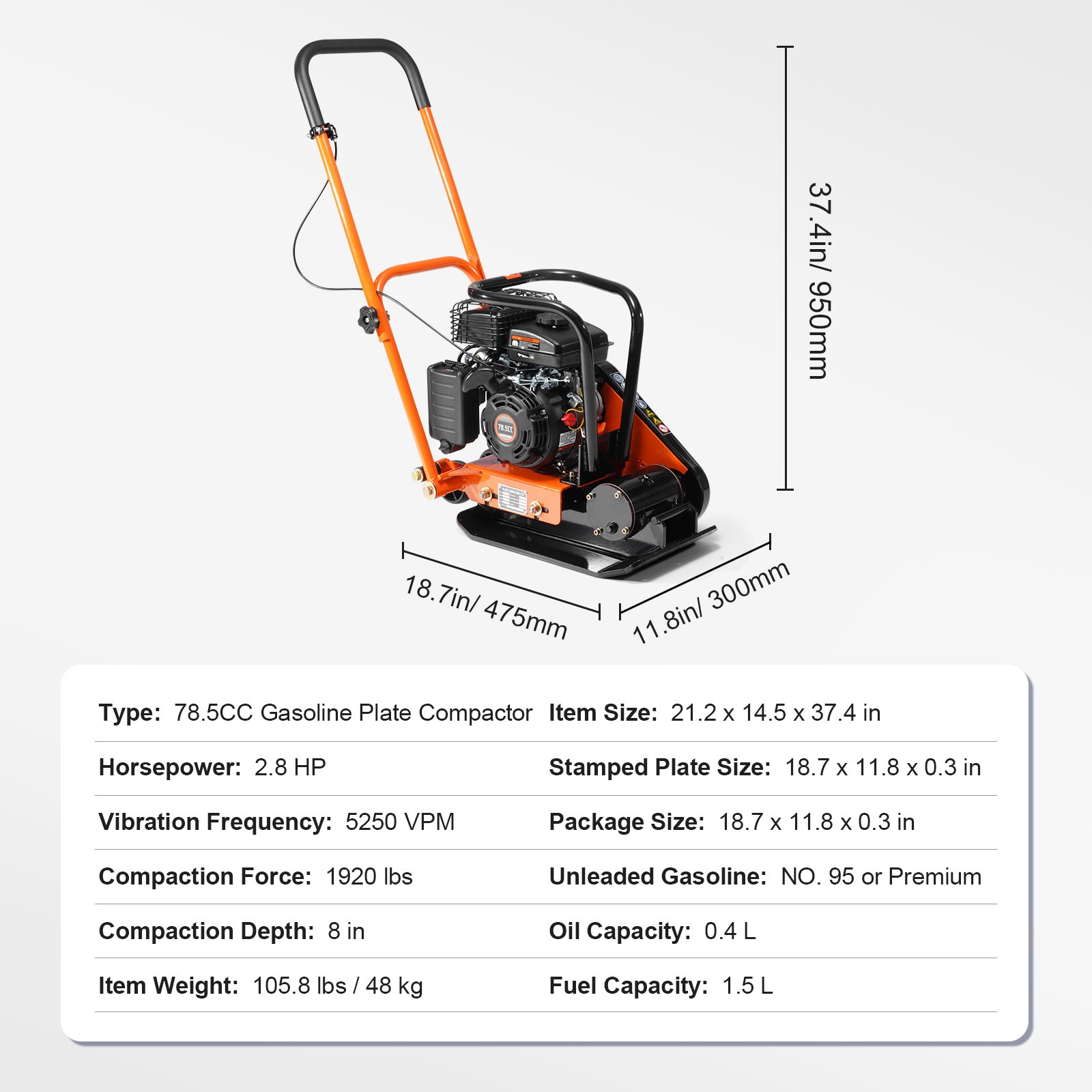 Walk-Behind Vibratory Plate Compactor Rammer 2.8HP 78.5cc EPA Engine Soil Tamper