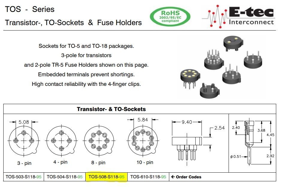 Lot of 4 – E-tec – TOS-508-S118-95 – TO-99 Sockets, 8 Pin, Machined Gold Contact