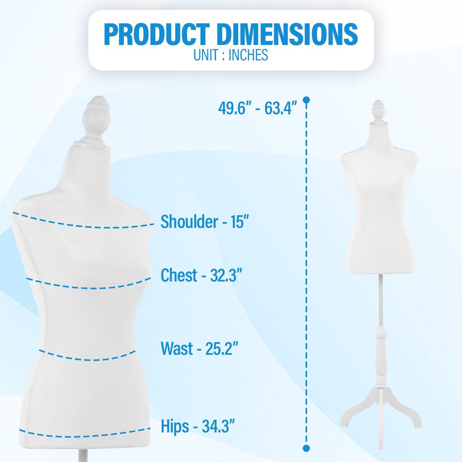 FDW Adjustable Female Dress Form Sewing Mannequin Wooden Tripod Stand White