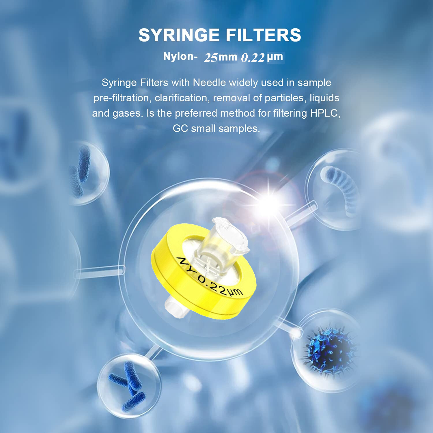 3000PCS Nylon Yellow Syringe Filters 13mm/25mm Diameter; 0.45μm/0.22μm Pore Size