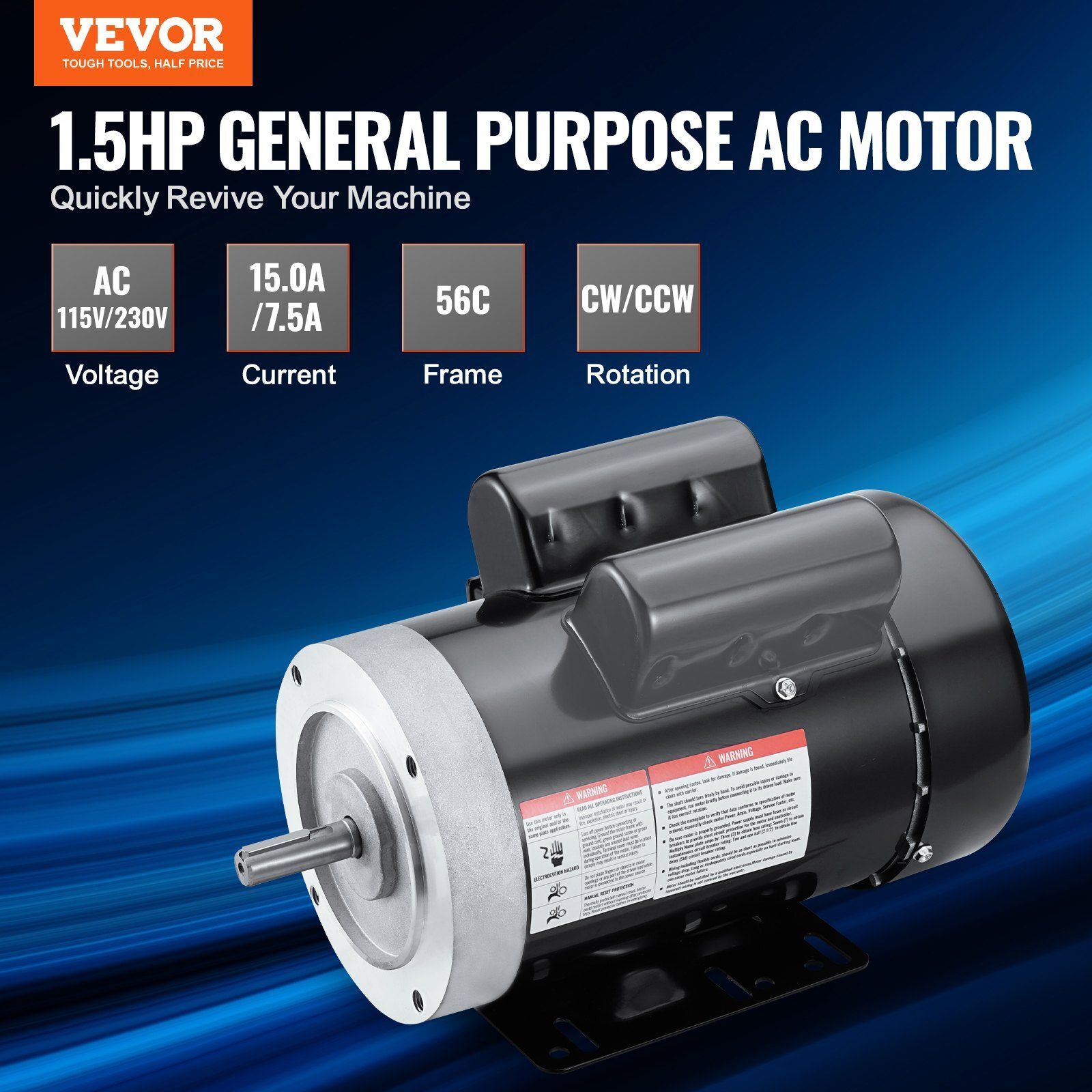 1.5HP Electric Motor 3450RPM AC 115V/230V 56C Frame 5/8″Keyed Shaft Resists Rust