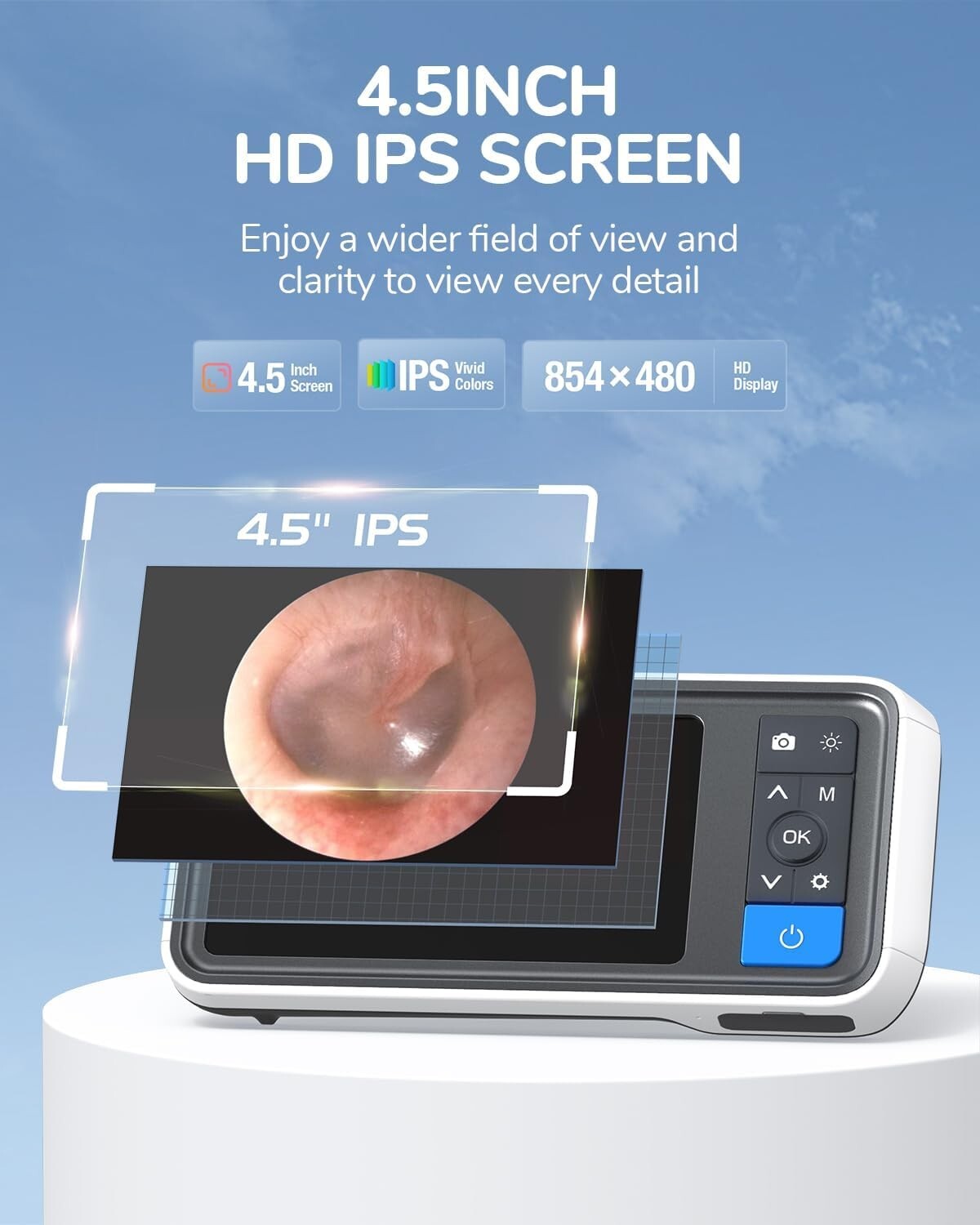 4.5-inch IPS Color Screen Digital Otoscope 1.0MP 1080P 3.9mm Camera 6 LED