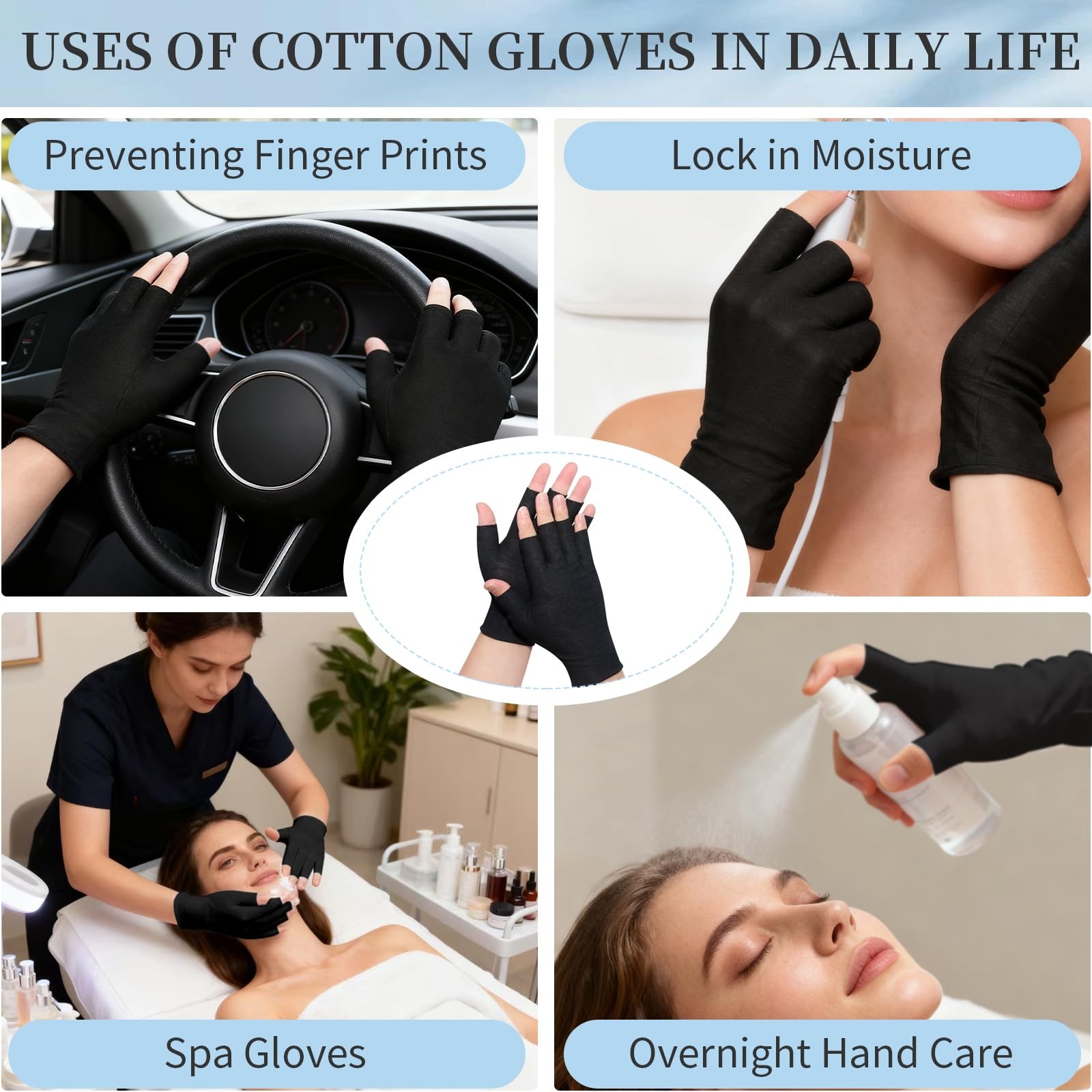 3Pairs Fingerless Cotton Gloves, Black Moisturizing Gloves