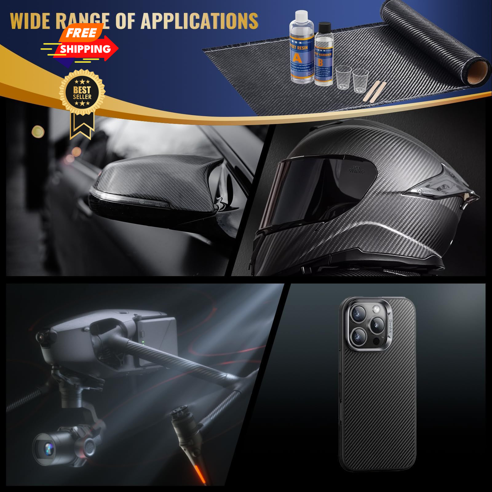 Krbnk 5FT Carbon Fiber Cloth + Epoxy Resin, + Resin