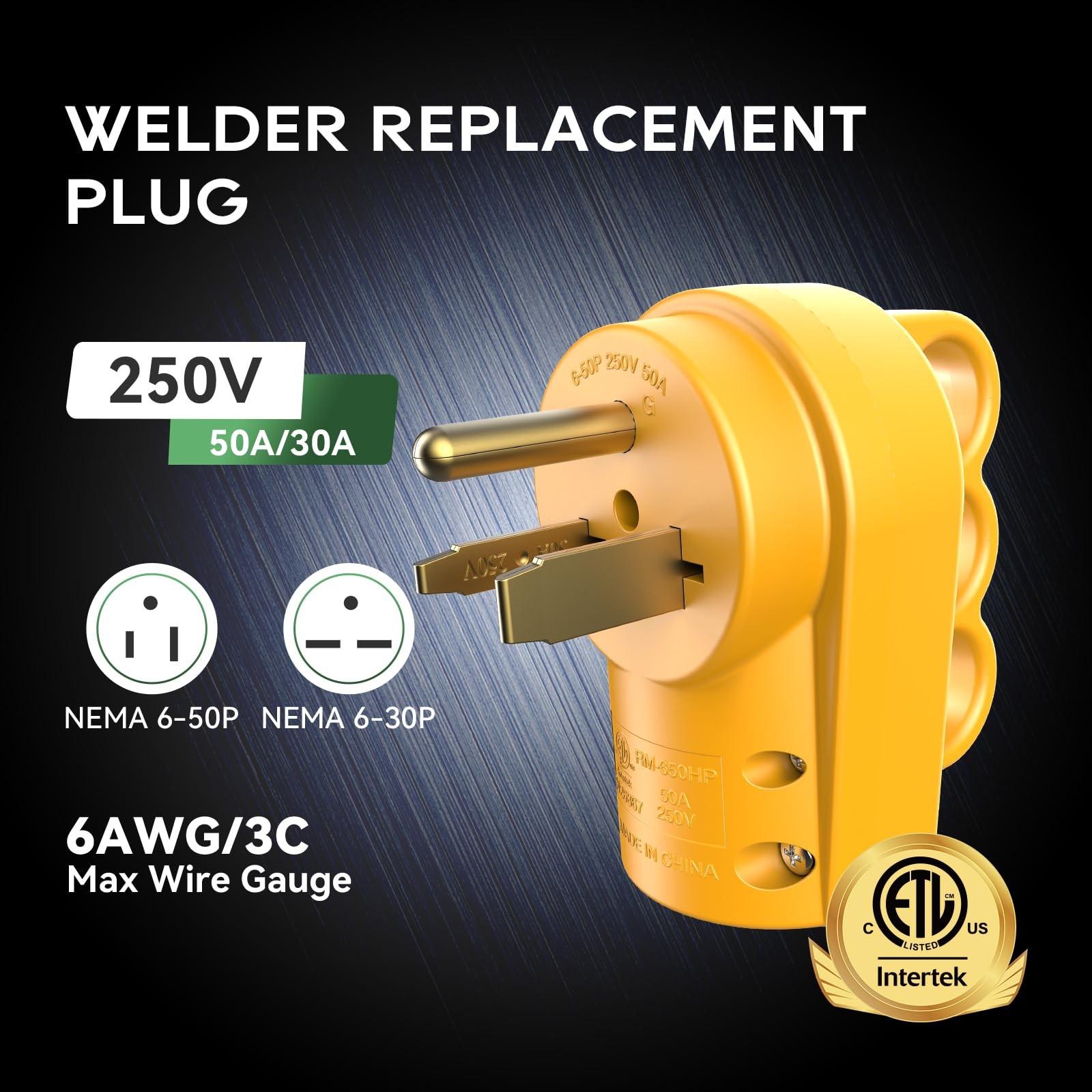 Welder Plug 50 Amp NEMA 6-50P Replacement Male Plug Heavy Duty Yellow ETL Listed