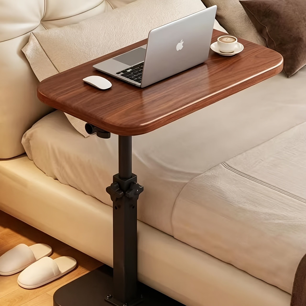 Walnut C-Shaped Sofa Bed Tray Table – Multi Functional Armrest Side Table