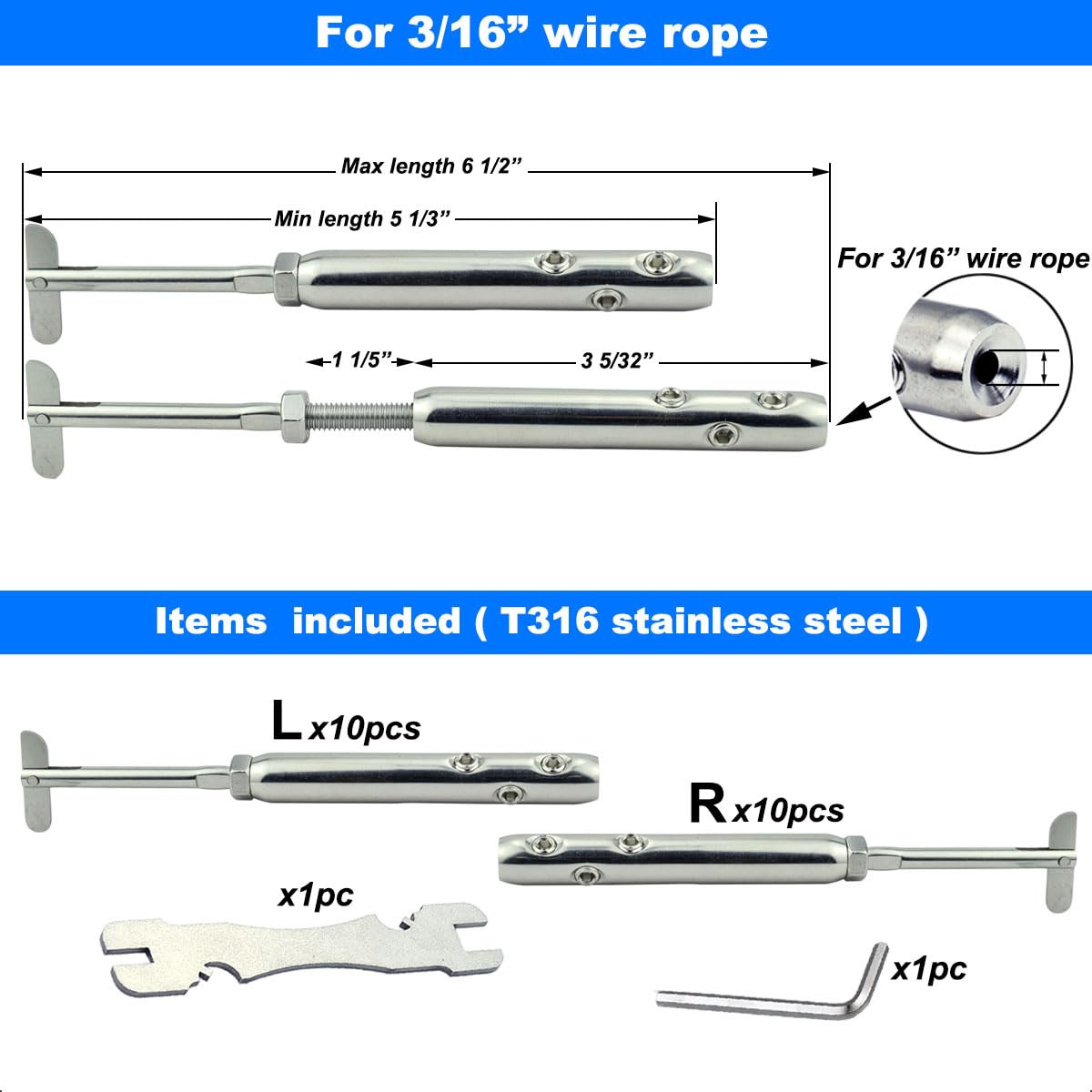 Adjustable Swageless Tensioners for 3/16″ Stainless Steel Cable Railing, 10 Pair