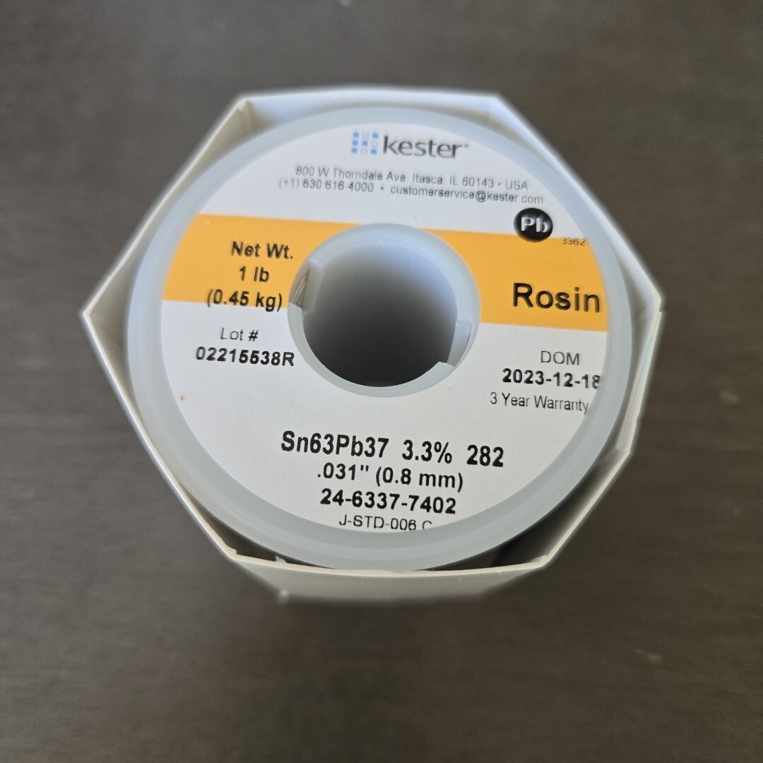 Kester 24-6337-7402 Solder Wire, Rosin Core, Leaded, Sn63Pb37, 3.3%, 0.031″ (0.8