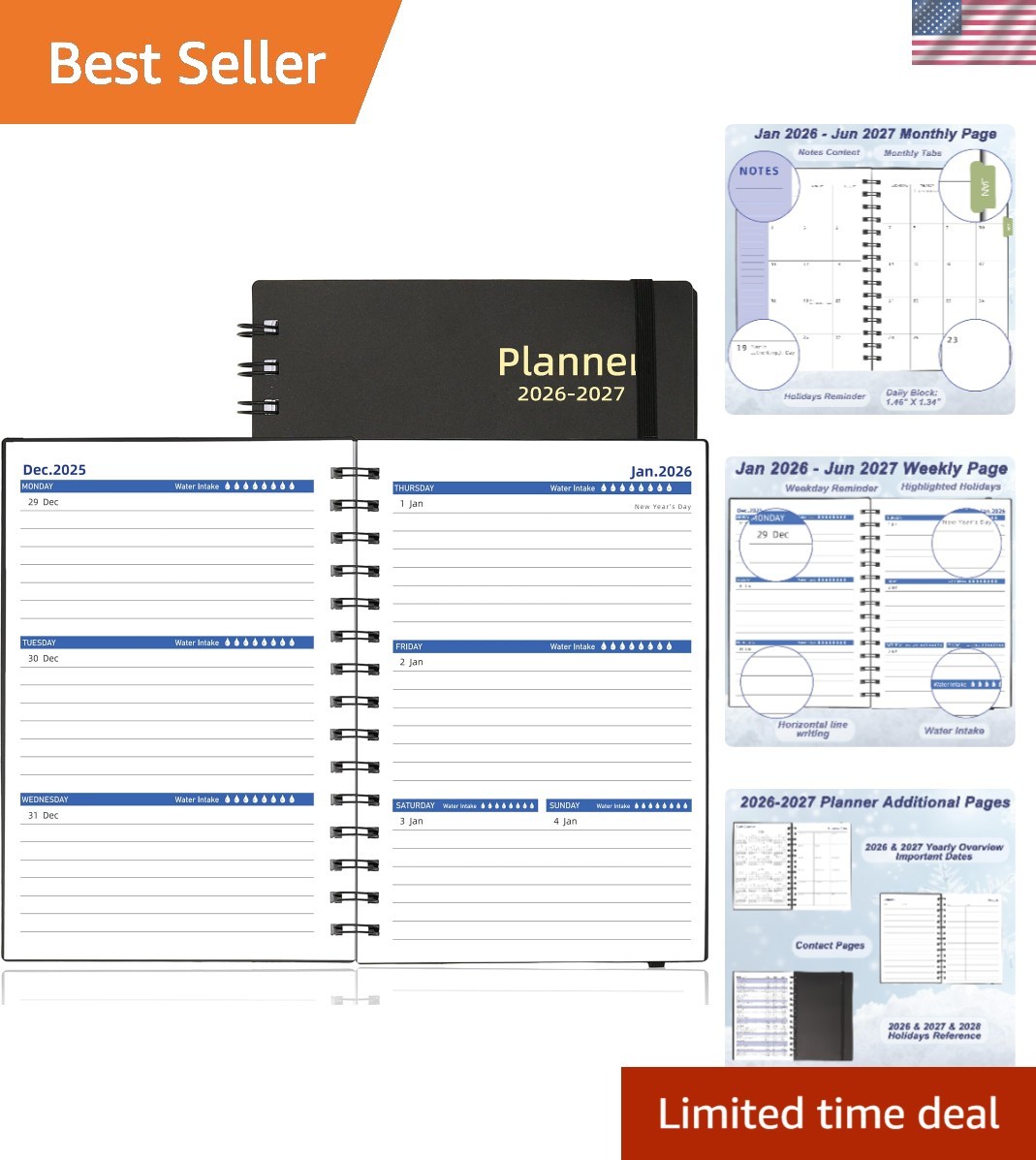 2026-2027 A5 Daily Planner: Spiral-bound Weekly & Monthly Organizer in Black