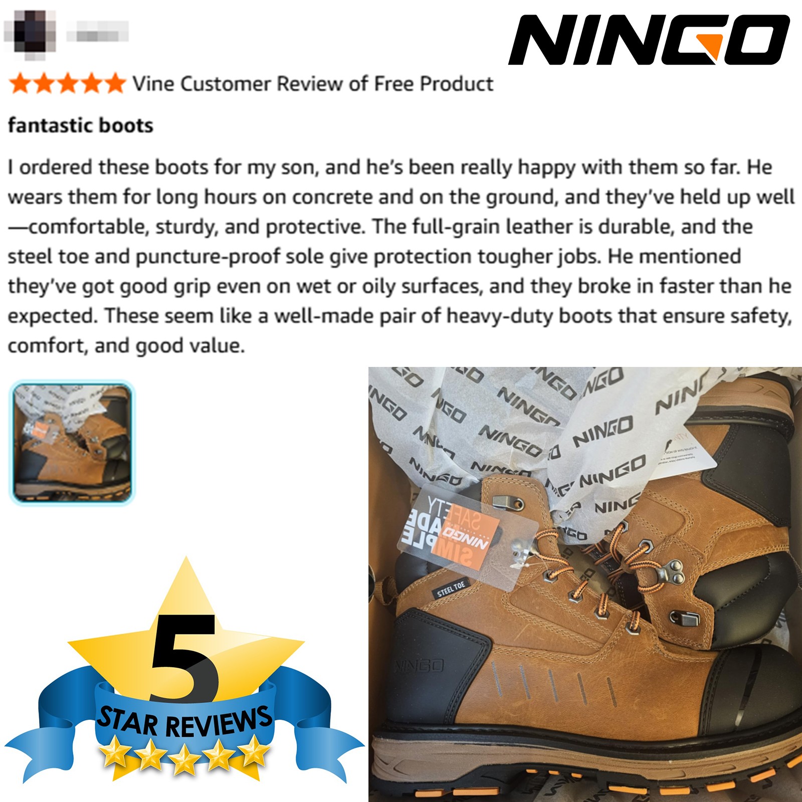NINGO Men’s Steel Toe Work Boots Puncture Proof Construction Boots EH Protection