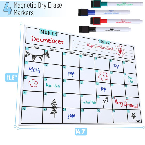 Dry Erase Calendar for Fridge, Magnetic, 14.7 x 11.8, Magnetic Calendar with 4 D