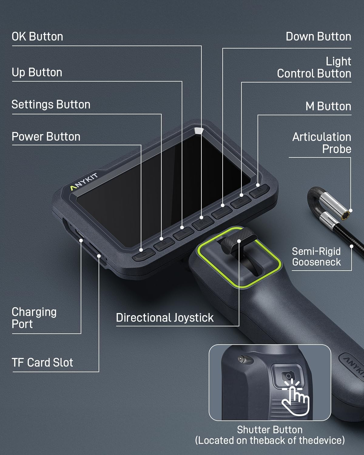 Anykit Articulating Borescope 210° Two-Way 0.22in Slim Probe Endoscope 4.3″ IPS