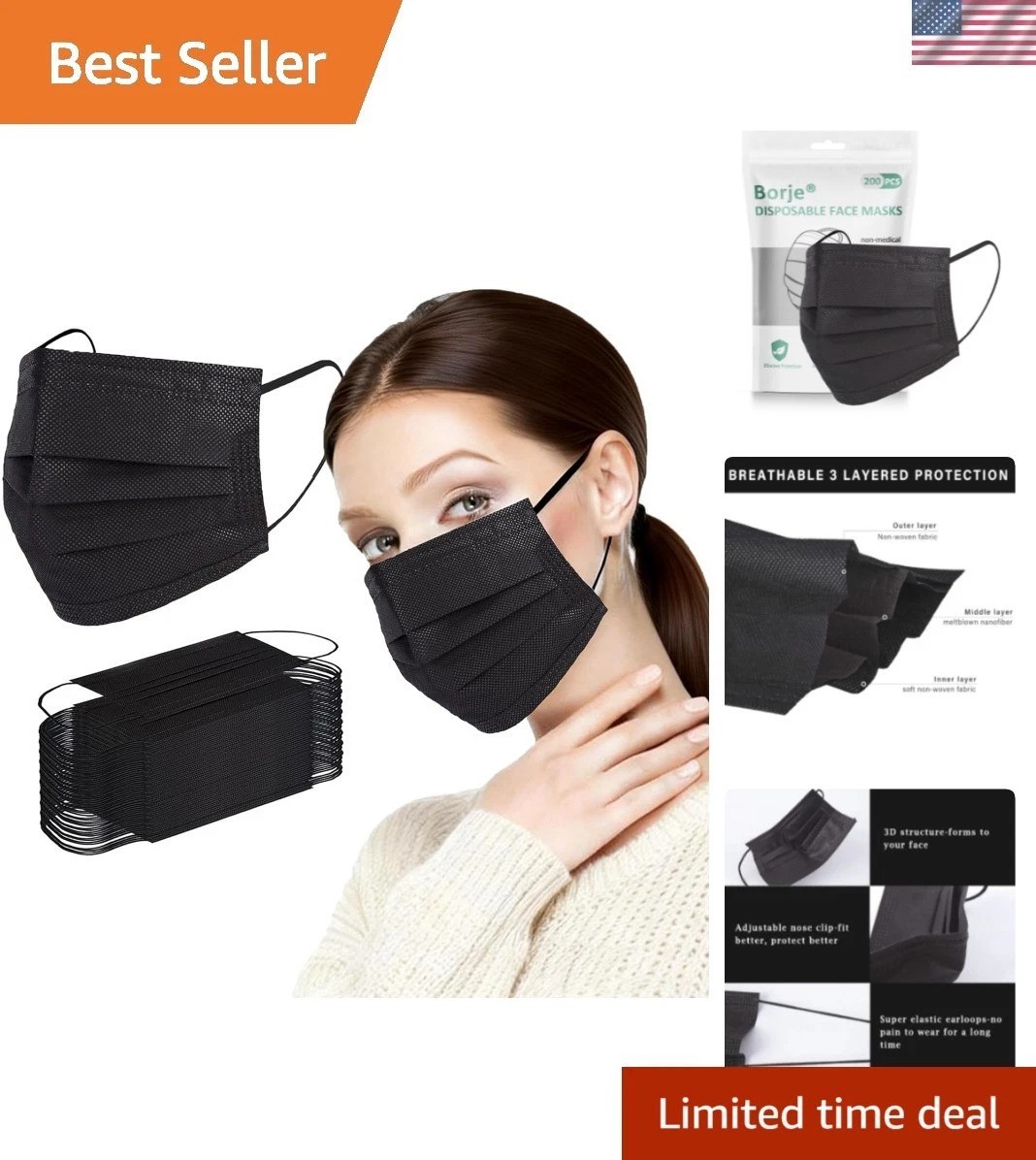 200 PCS Disposable Face Masks – 3-Ply Breathable Protection for Adults & Teens