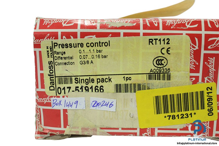 DANFOSS RT112 PRESSURE CONTROL SWITCH_017-519166_0.07 … 0.16 bar_G3/8
