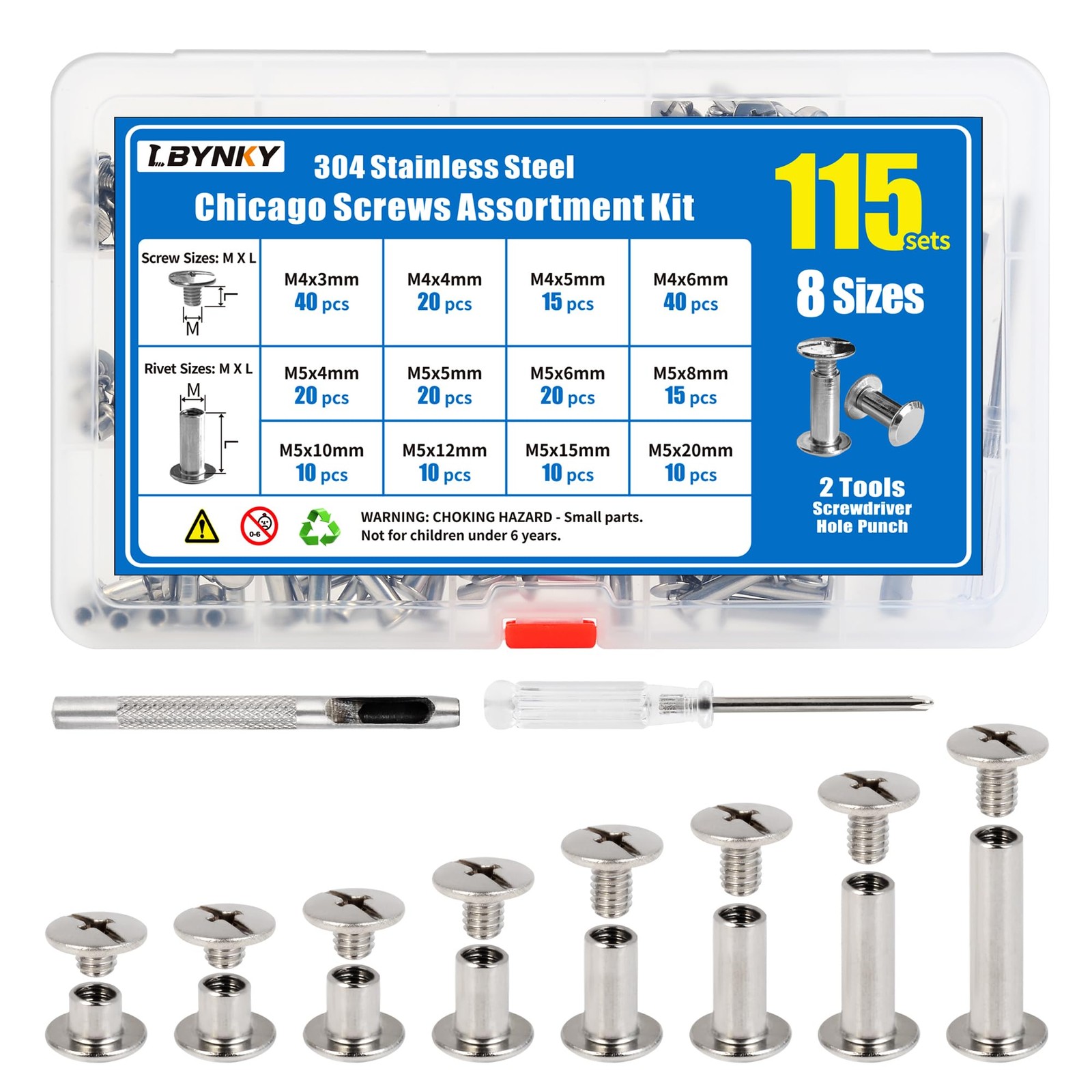 115 Sets Chicago Screws Kit for Leather Crafts, 304 Stainless Steel Binding