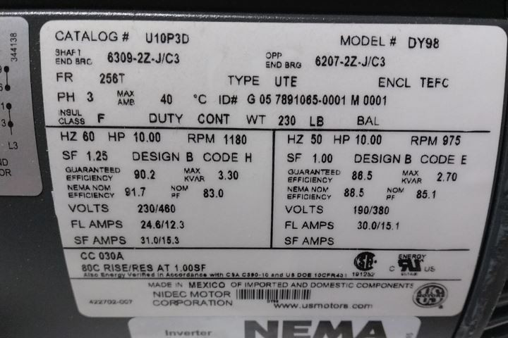 U.S. Motors U10P3D 10 HP 1180 RPM 230/460VAC 3-Phase General Purpose Motor