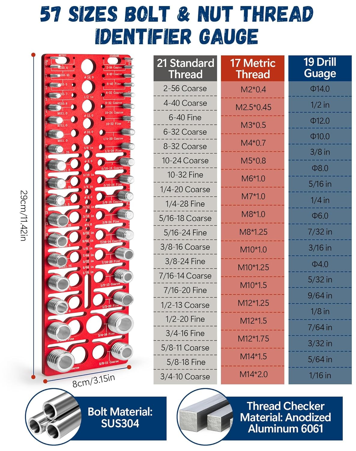 57pc Nut & Bolt Thread Checker, SAE & Metric, Drill Gauge Set