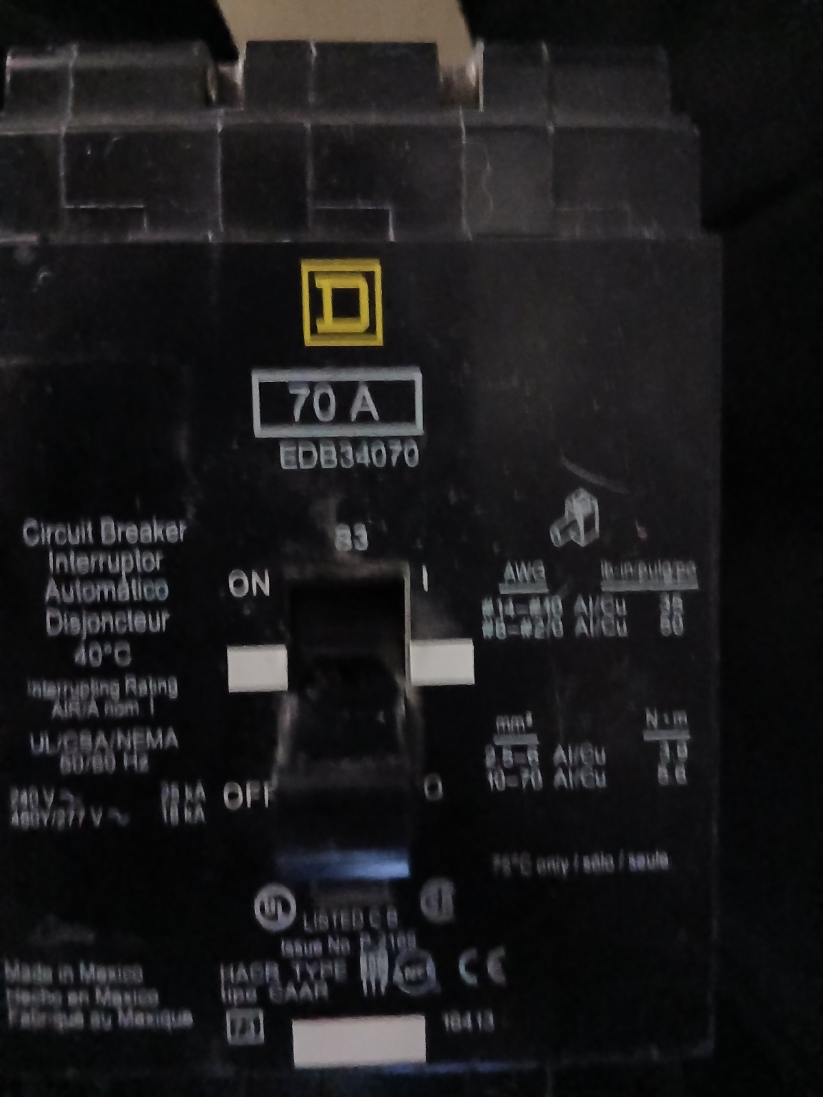 Square D EDB34070 3-Pole 227V Mini Circuit Breaker