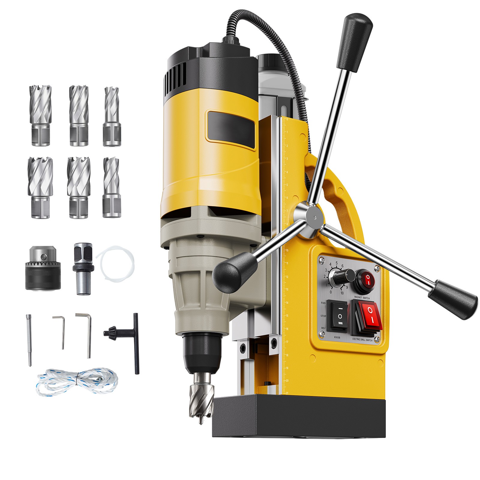 Magnetic Drill 1450W 12800N Mag Drill Press 2 in Boring Diameter 6 Bits Yellow