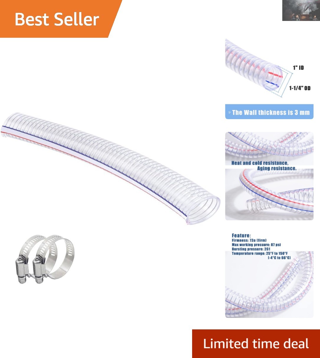 1.3 FT Flexible Steel Wire Suction Hose – 1″ ID, High Pressure & Durable Design