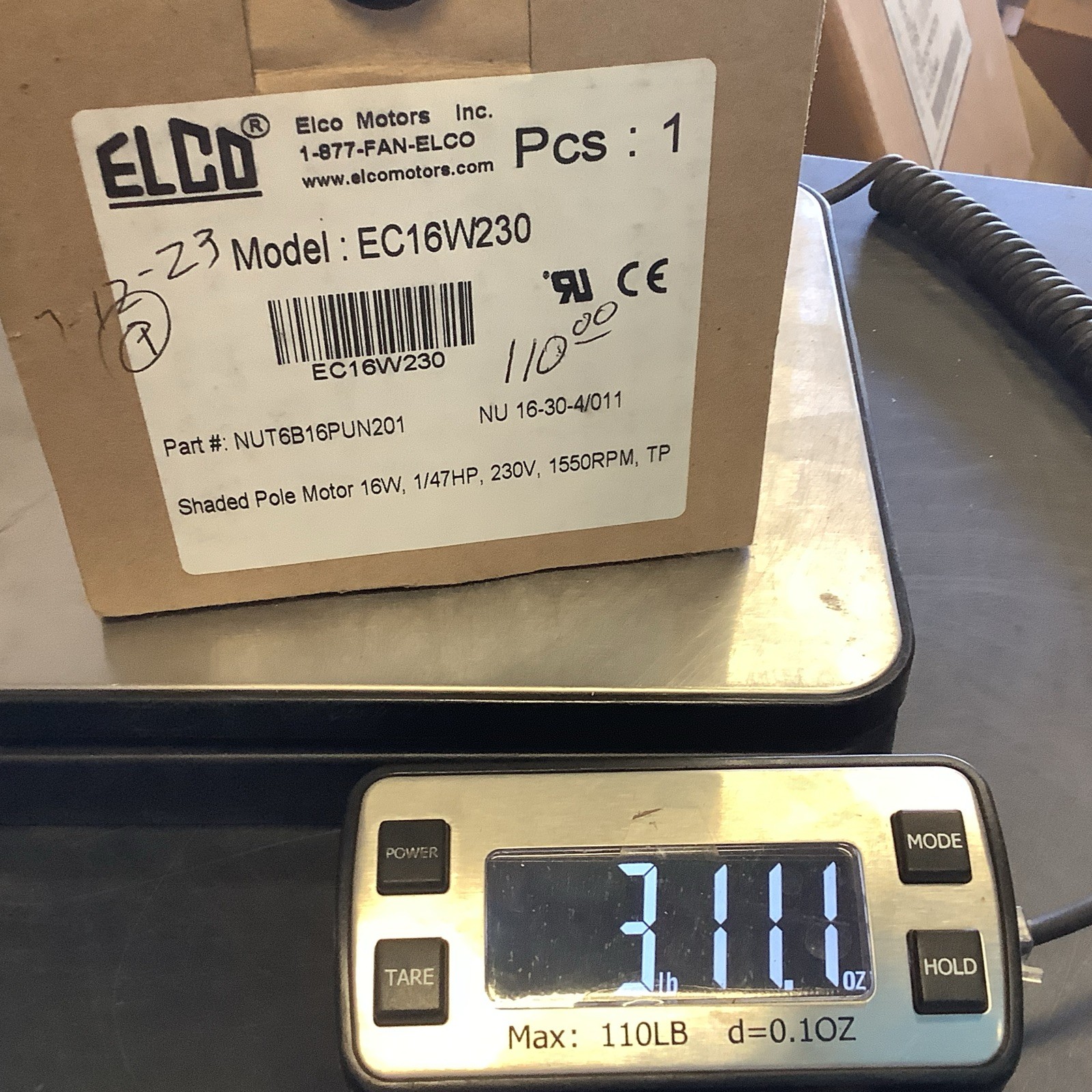 ELCO EC16W230 Shaded Pole Motor 16 W, 1/47 HP, 230V, 1550RPM