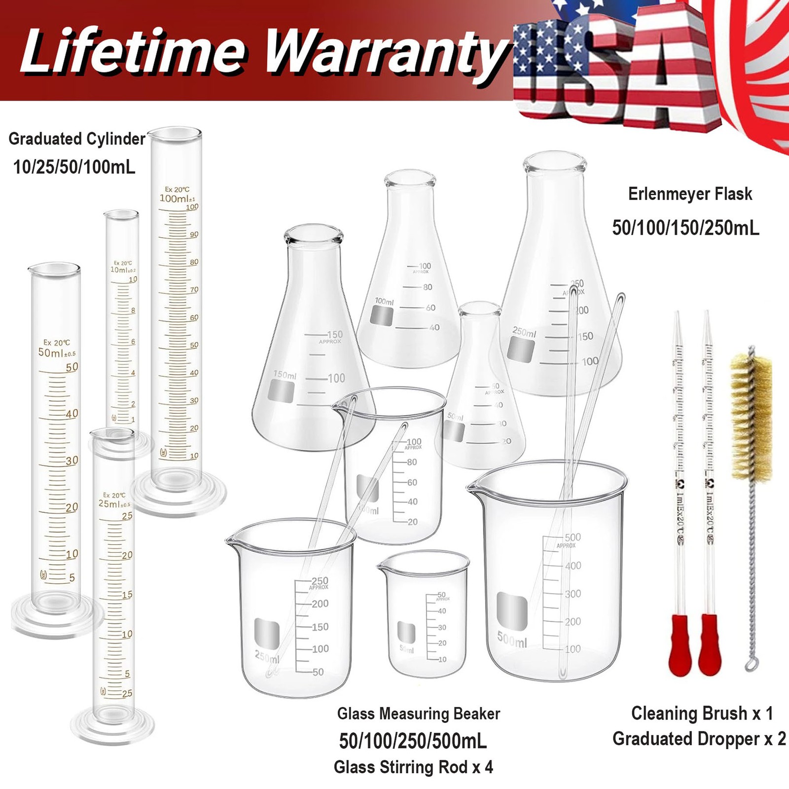Set of 19,Laboratory Glassware Set Science Lab Chemistry Beaker 50/100/250/500ML
