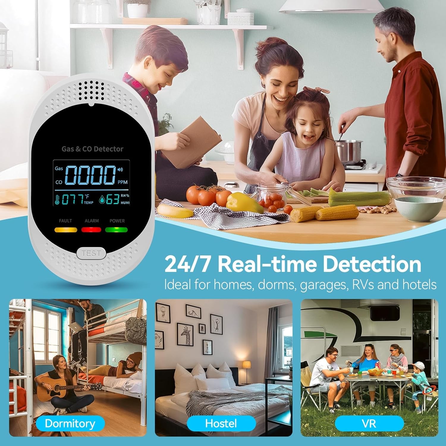 Carbon Monoxide Detector Sound Light Alarm Temp Humidity Monitor Home RV Safety