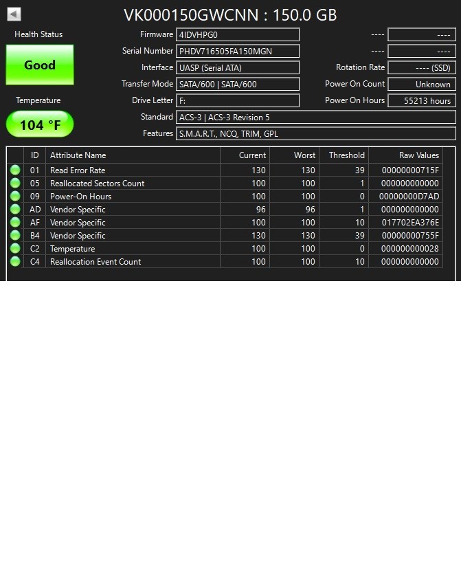Intel SSD DC 150GB 2.5″ SATA S3520 Series Good Health SSDSC2BB150G7