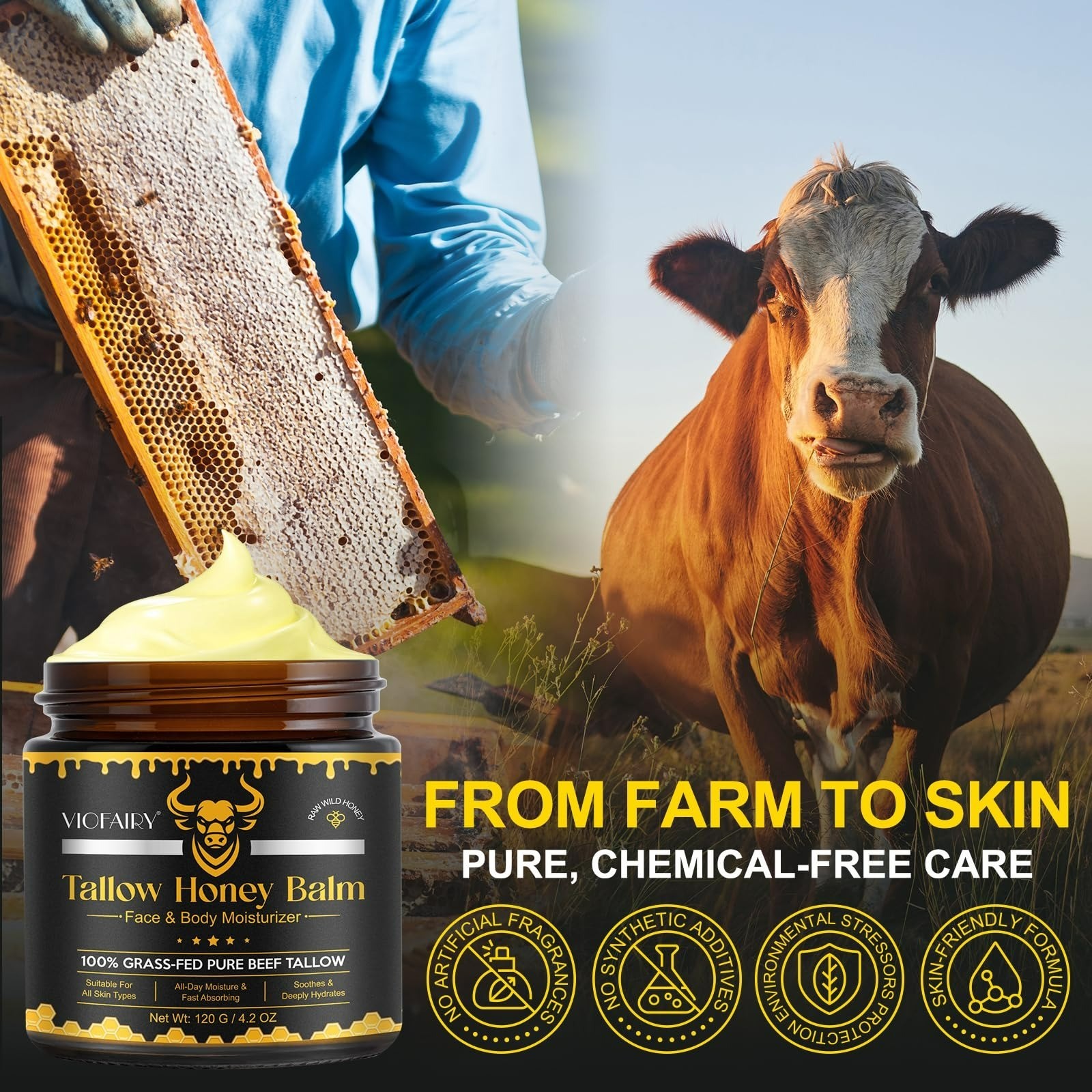VIOFAIRY Tallow Honey Balm Face Moisturizer 4 oz Organic Beef Tallow