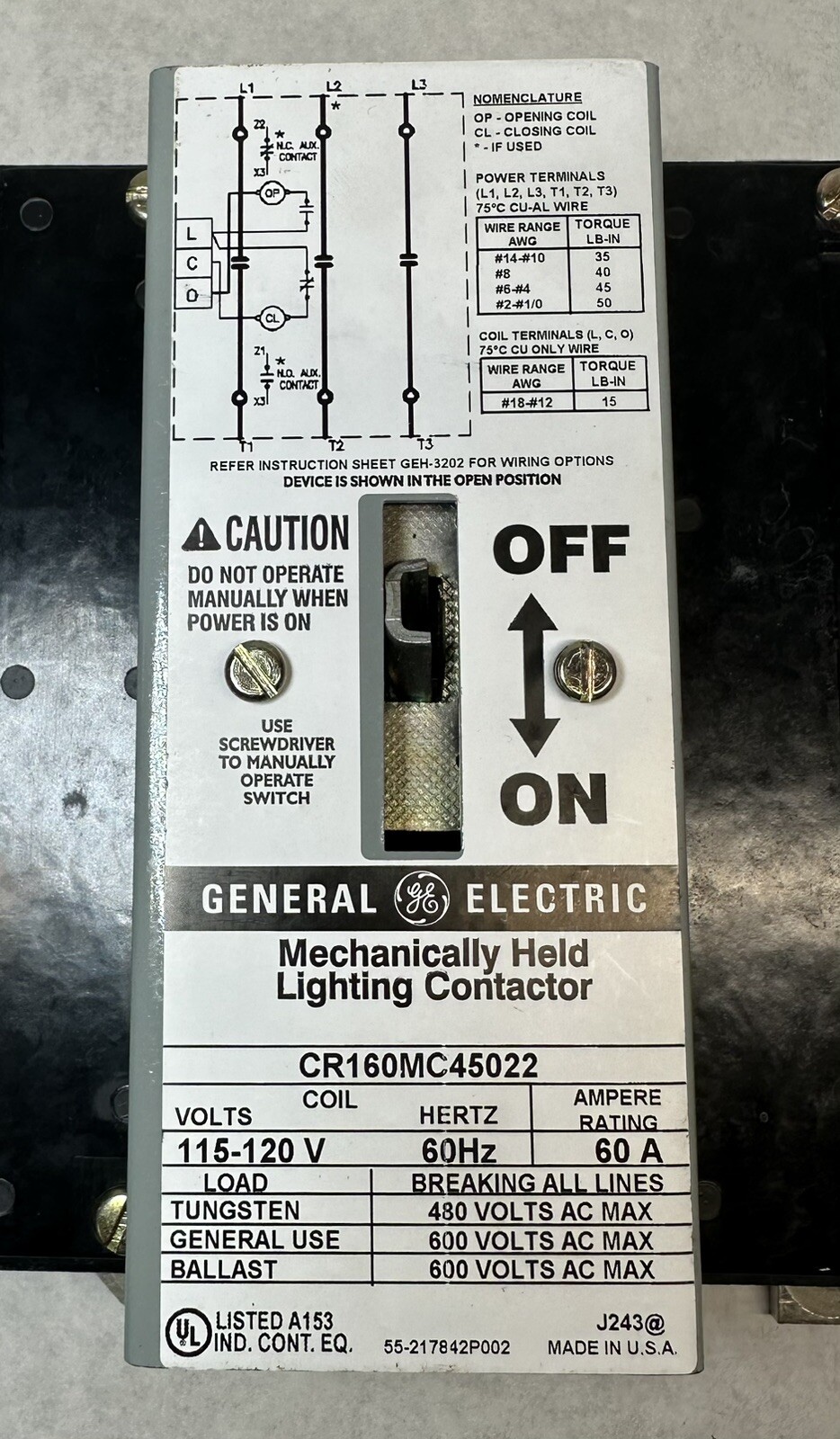 NEW GE CR160MC45022 Mechanically Held Contactor, Coil 115-120V, 60A, CR160MC