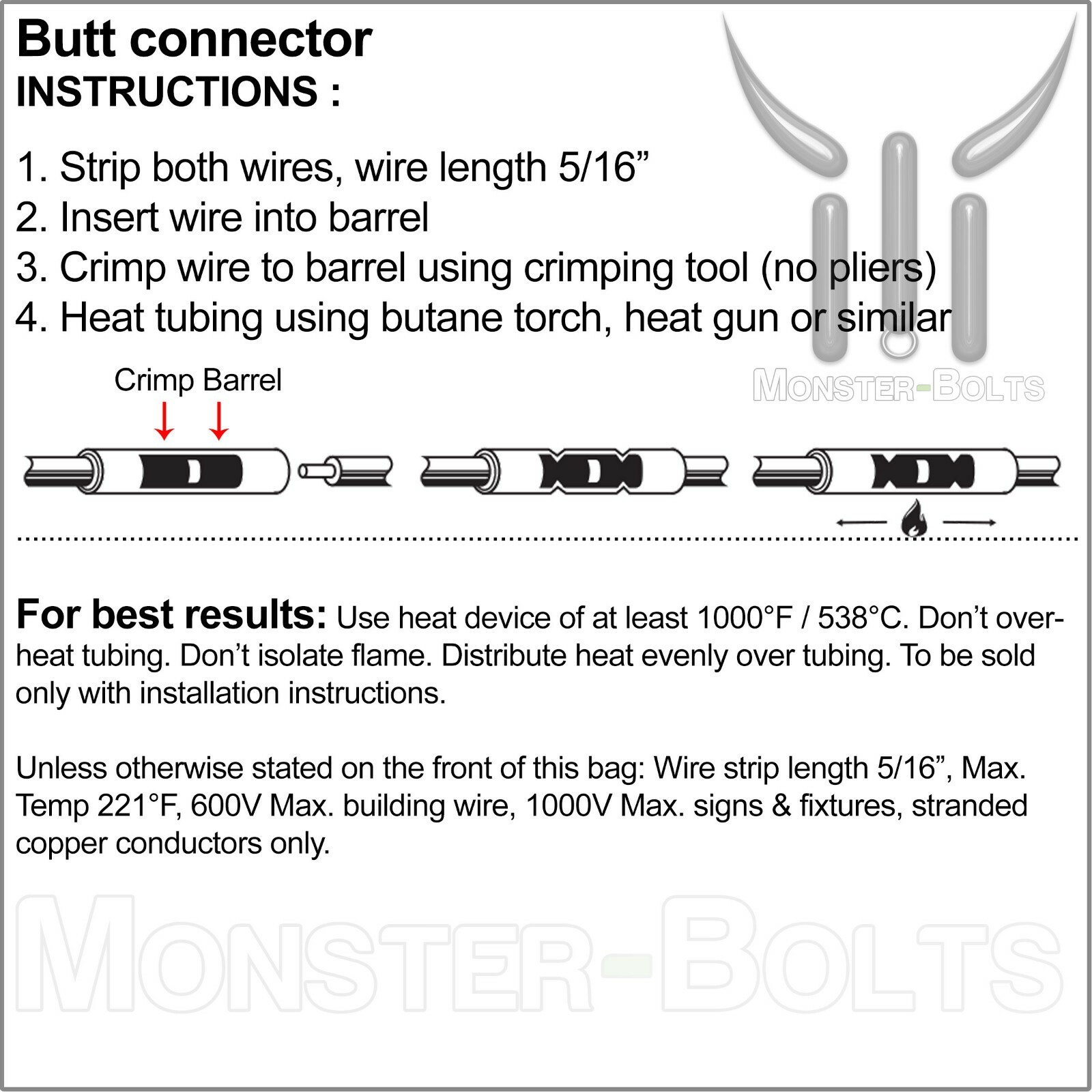 Heat Shrink Butt Crimp Connectors, Waterproof Electrical Terminals, MonsterBolts