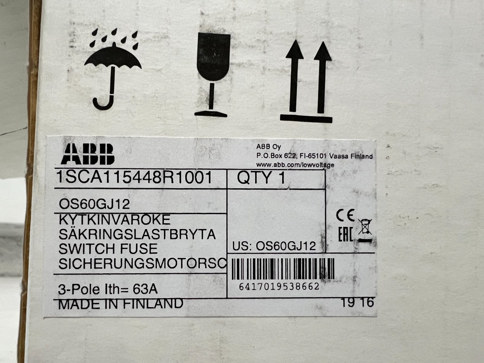 ABB Fusible Disconnect Switch 60AMP 600V DIN Rail Mount Class J Fuse OS60GJ12