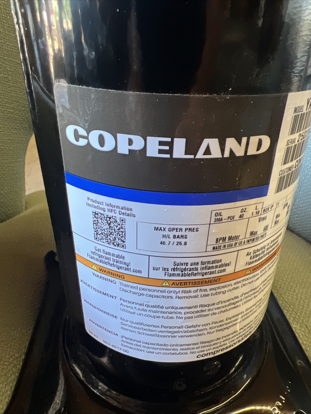 Copeland Model # YAV0471E —2X9–8A1 Scroll Compressor. See Details For All Info.