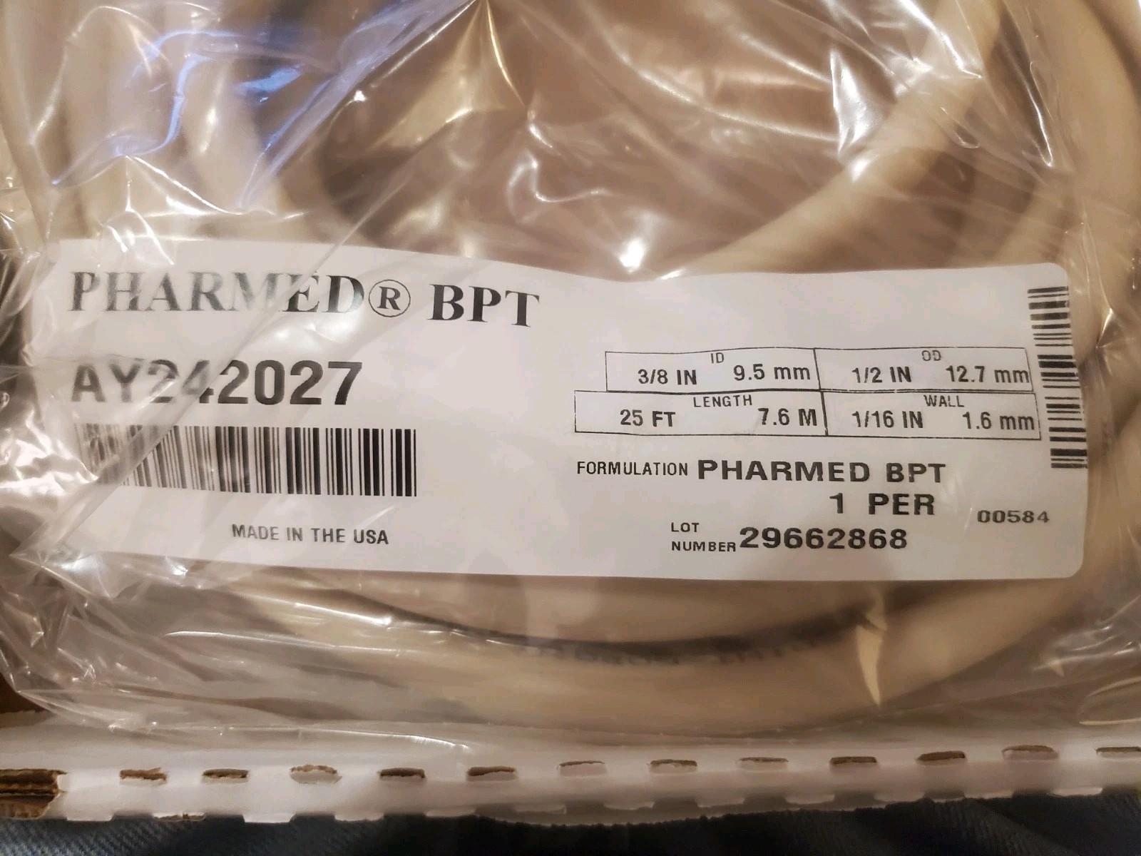 Tygon AY242027 PharMed BPT Biocompatible Tubing 3/8″IN X 1/2″ X 1/16″ (25Feet)